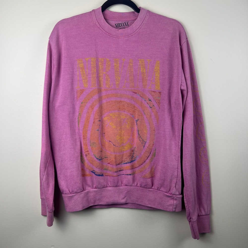 Nirvana Pink Mineral Wash Graphic Sweatshirt Smiley Face Band Pullover Small